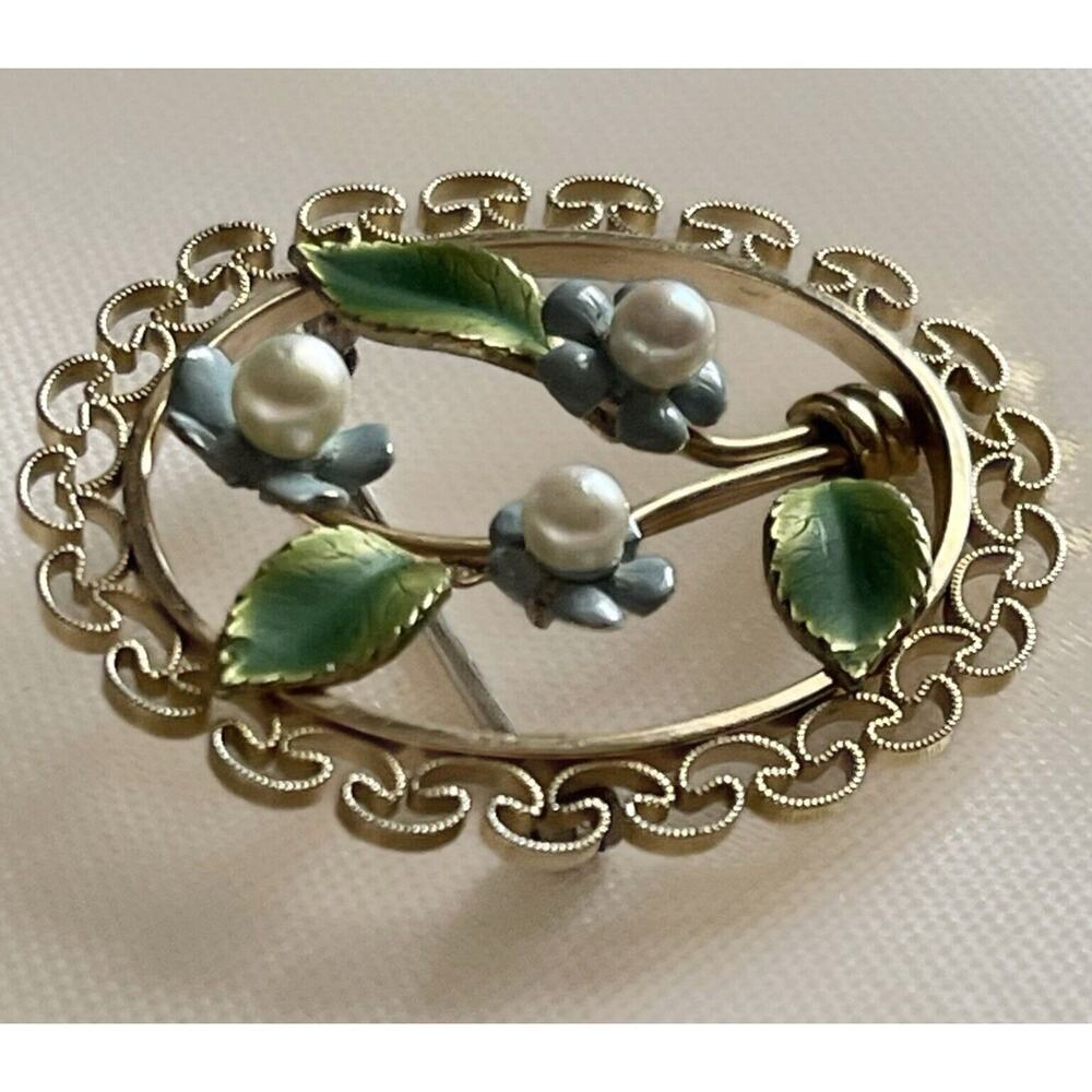 Vintage Krementz Gold Filled Forget Me Not Flower Filigree Brooch Pin Pearl Oval - Picture 3 of 11